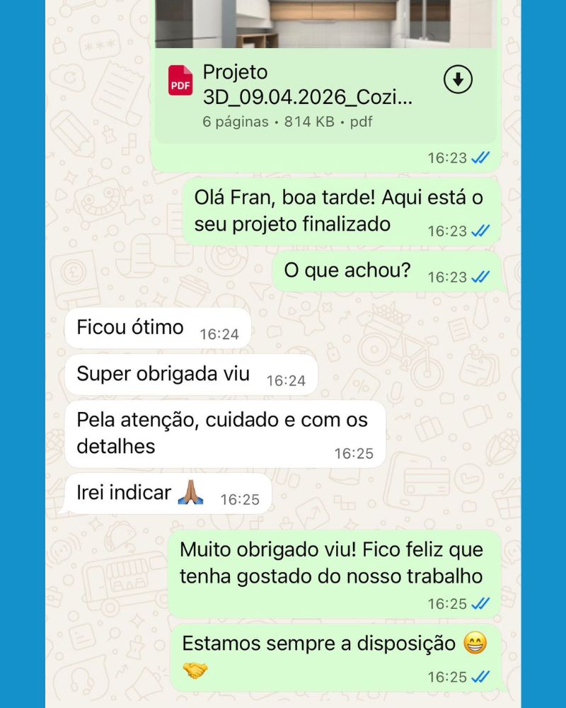 Feedback real de cliente da IRS Marcenaria via WhatsApp