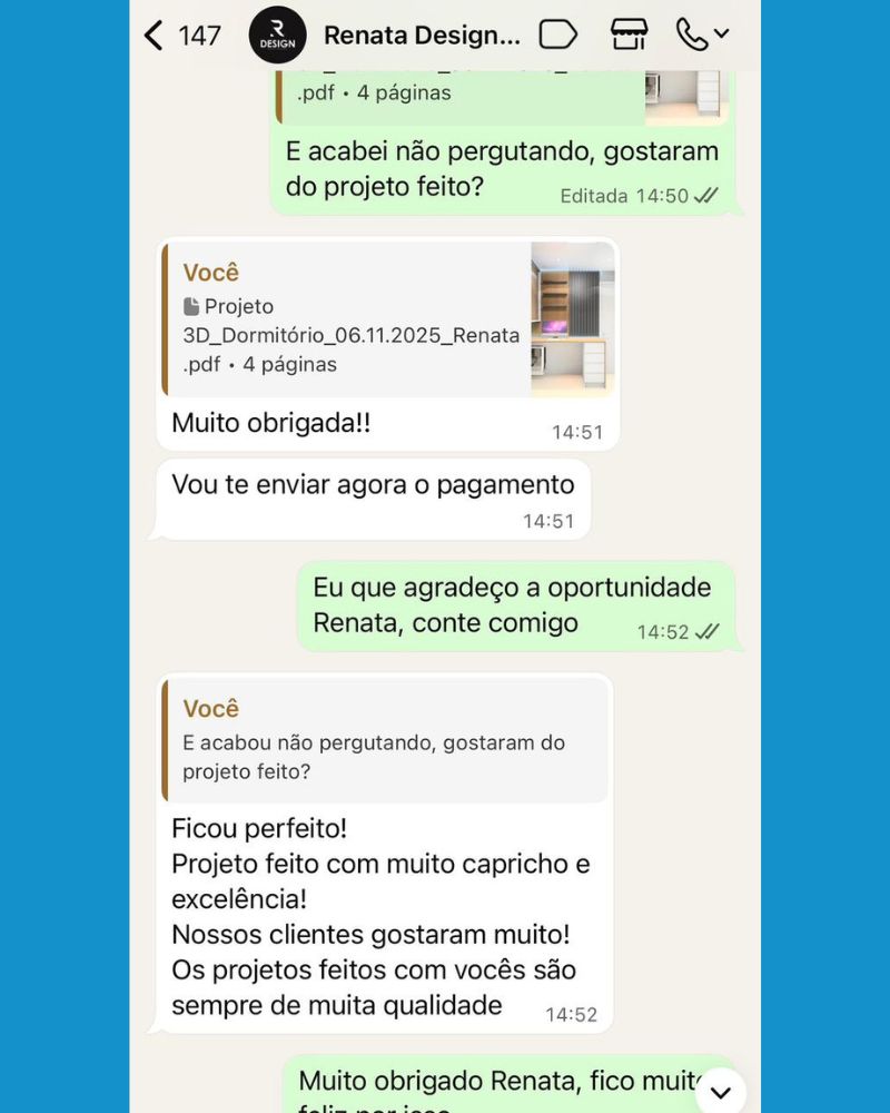 Feedback real de cliente da IRS Marcenaria via WhatsApp