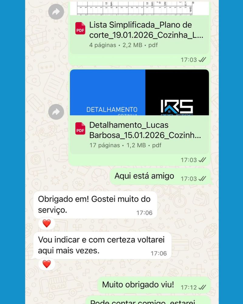 Feedback real de cliente da IRS Marcenaria via WhatsApp